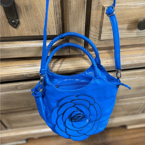 Italian Leather Royal Blue Crescent Shoulder Bag with Floral Design. - Picture 9 of 9